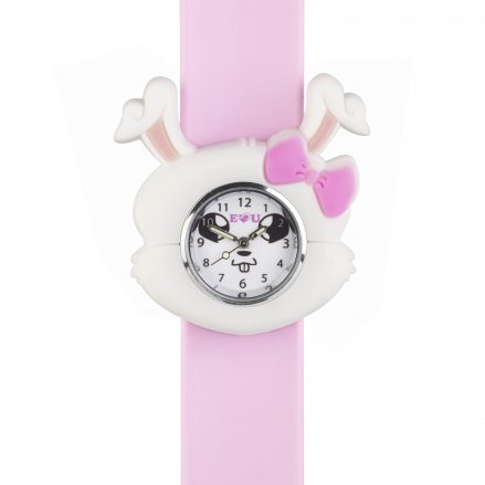 Pink silicone snap band with a white and pink silicone rabbit shape surrounding a rabbit faced watch face