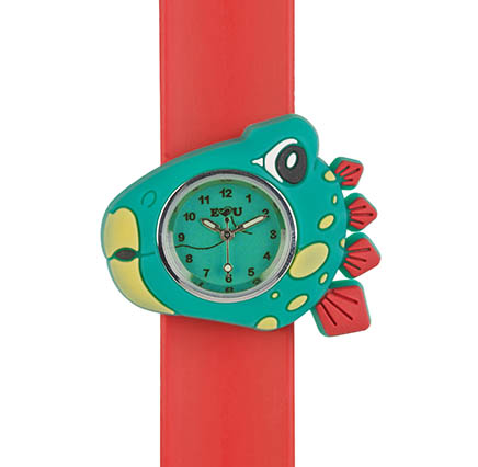 green and red stegosaurus watch on red snapband