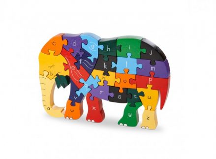 Elephant Alphabet Jigsaw - multicoloured jigsaw in shape of an elephant with letters of the alphabet on each piece