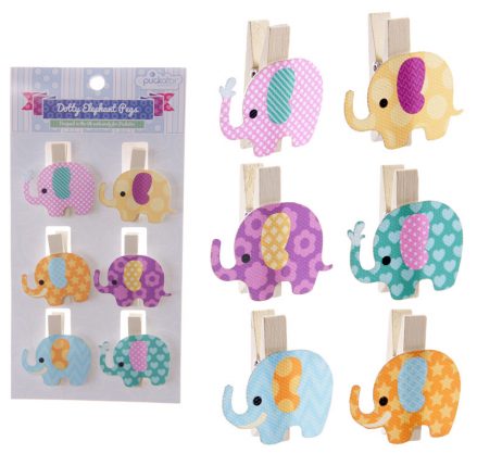set of 6 craft pegs in the shape of an elephant - multi coloured with dots on each