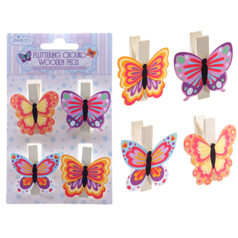 set of 4 multi coloured craft pegs - each depicts a butterfly