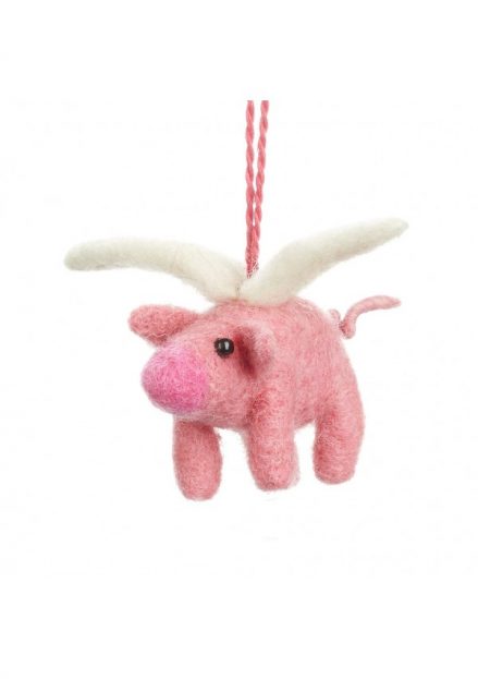 Flying Pig Felt Decoration - pink felt pig with white wings