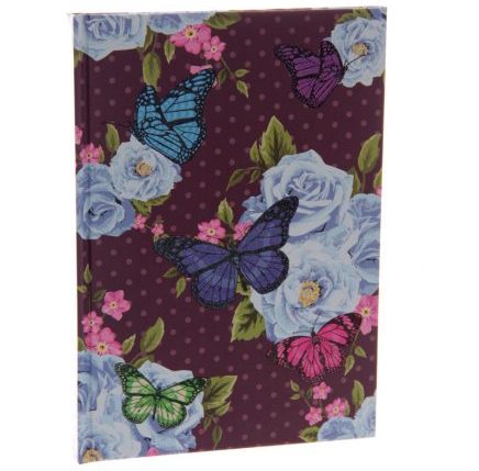 Butterfly Hardbacked Notebook - blackground with a colour design laid over the top with a floral theme and a large dark blue butterfly