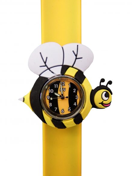 yellow silicone snap band with a yellow white and black bee shape surrounding a coloured watch face