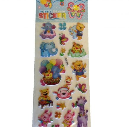 Multi coloured sheet of 18 puffy stickers featuring elephants, bears, flowers.