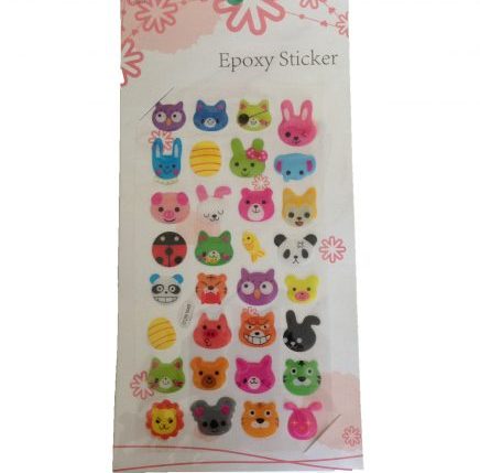 a sheet of cute slightly puffy stickers with animal head designs styled in a kawaii way. The heads are bears, cats, dogs etc with some wearing eye patches and other props