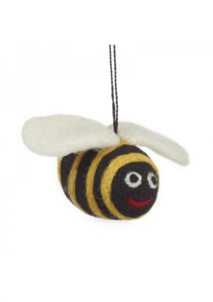 Big Bumble Bee Felt Animal - yellow and black striped bee with white wings and a smiley face
